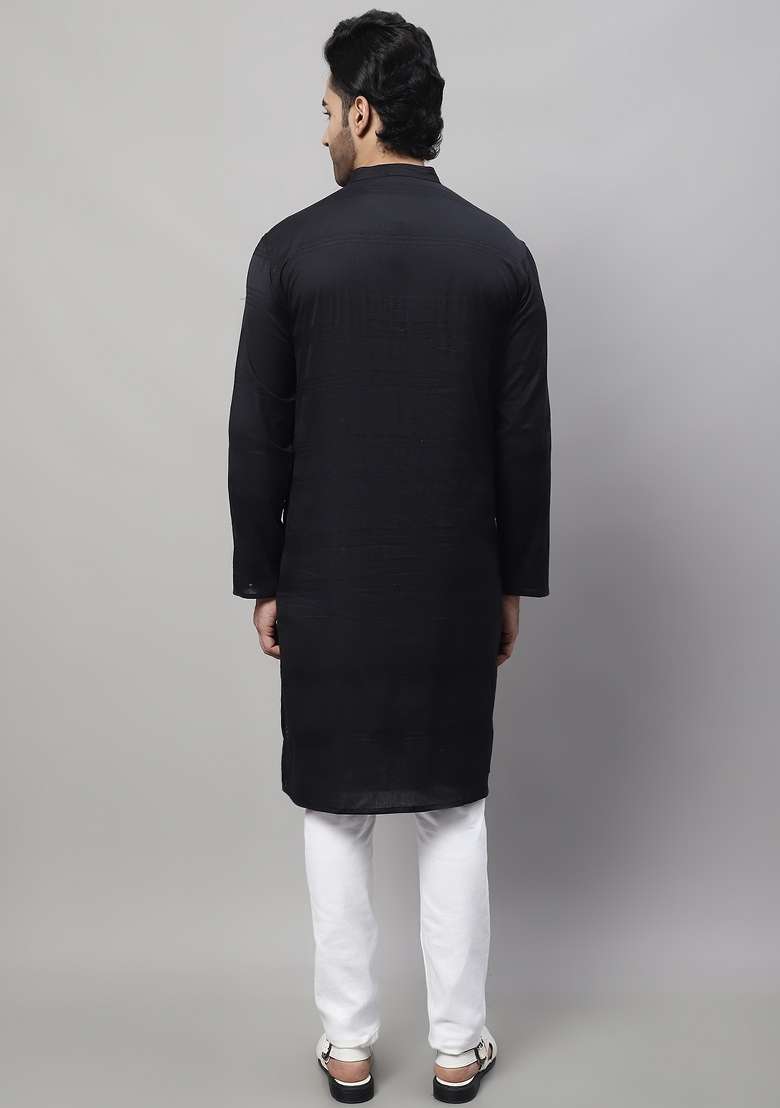 Black Plain Pure Cotton Kurta For Men - Indya