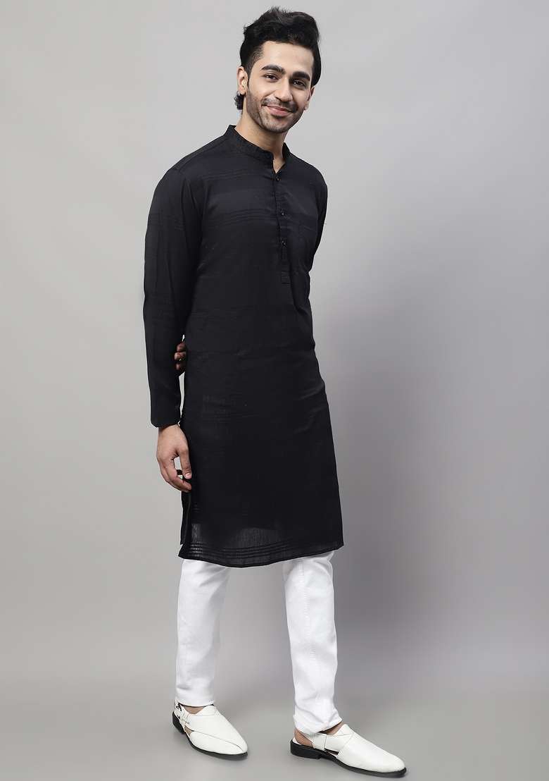 Black Plain Pure Cotton Kurta For Men - Indya
