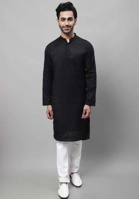 Black Plain Pure Cotton Kurta For Men