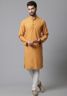Yellow Plain Pure Cotton Kurta For Men