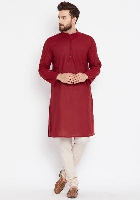 Maroon Plain Pure Cotton Kurta For Men