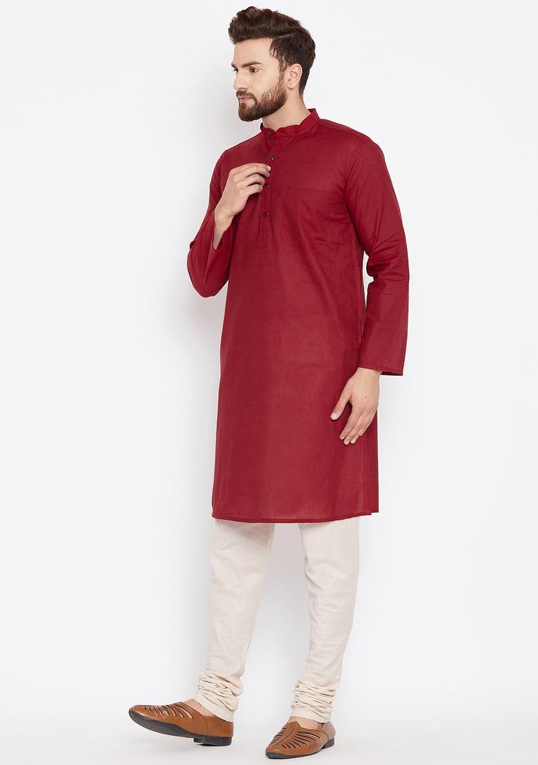 Maroon Plain Pure Cotton Kurta For Men