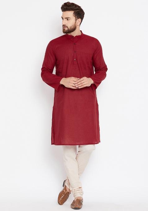 Maroon Plain Pure Cotton Kurta For Men