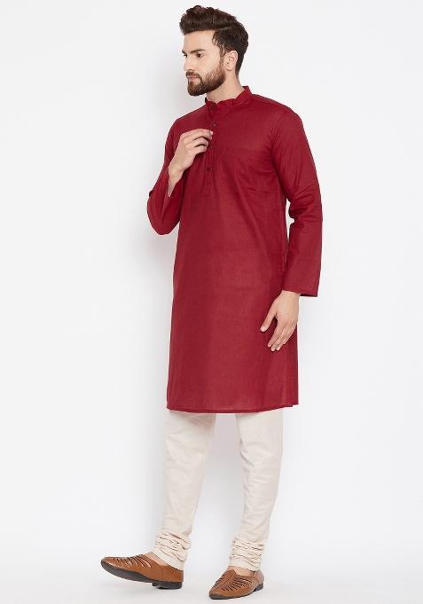 Maroon Plain Pure Cotton Kurta For Men