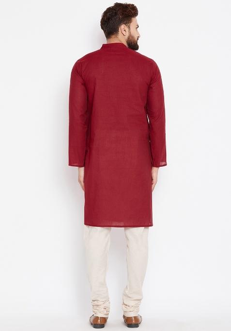 Maroon Plain Pure Cotton Kurta For Men
