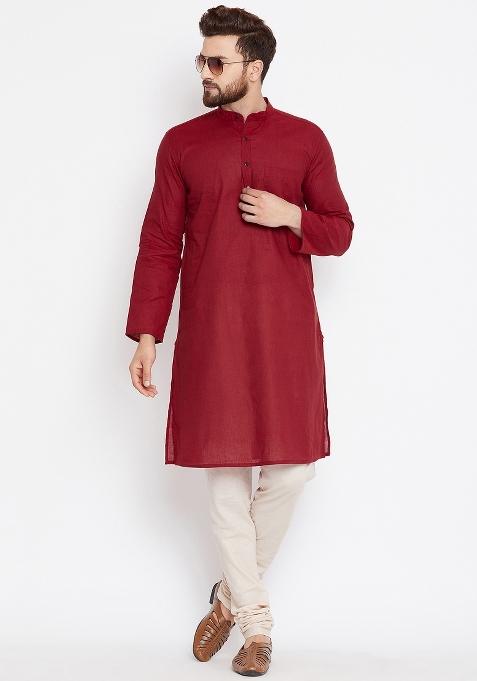 Maroon Plain Pure Cotton Kurta For Men