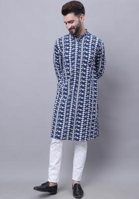 Blue Plain Pure Cotton Kurta For Men