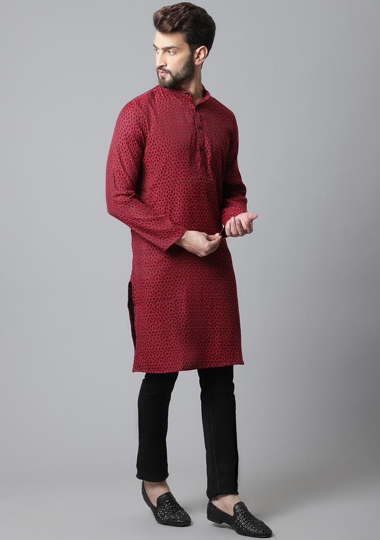 Maroon Plain Pure Cotton Kurta For Men - Indya