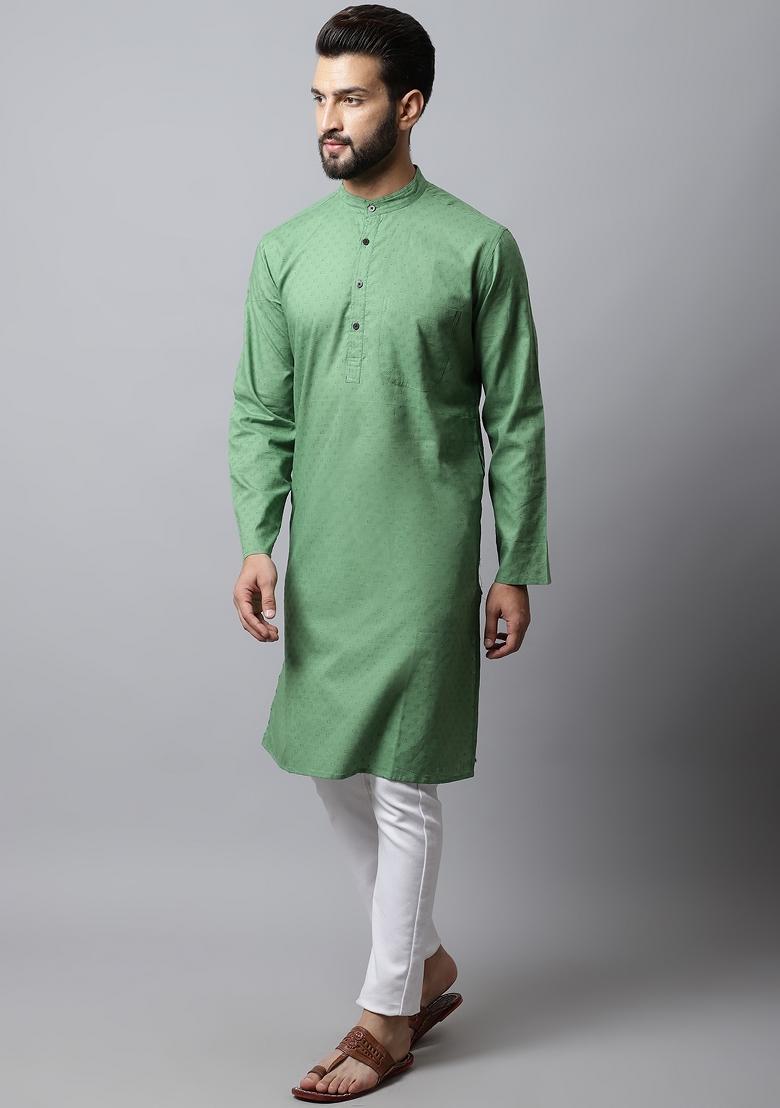 Green Plain Pure Cotton Kurta For Men