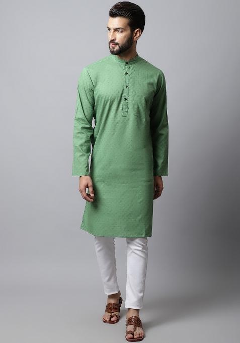 Green Plain Pure Cotton Kurta For Men