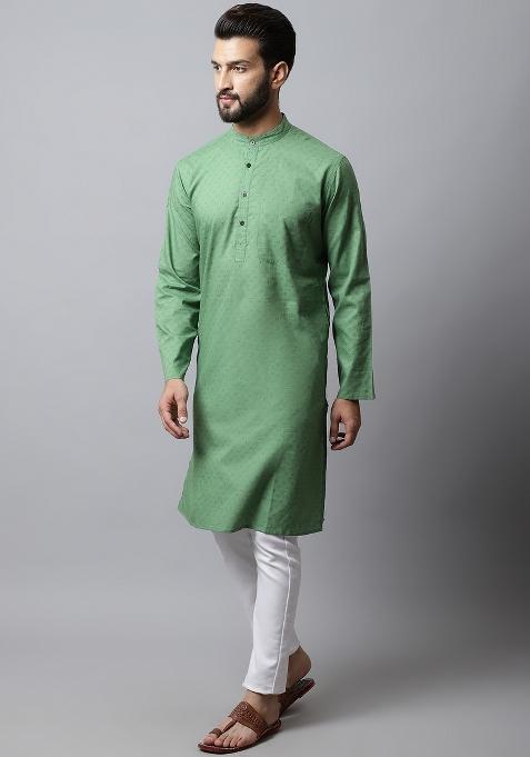 Green Plain Pure Cotton Kurta For Men