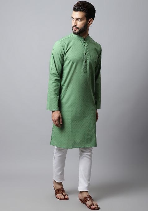 Green Plain Pure Cotton Kurta For Men