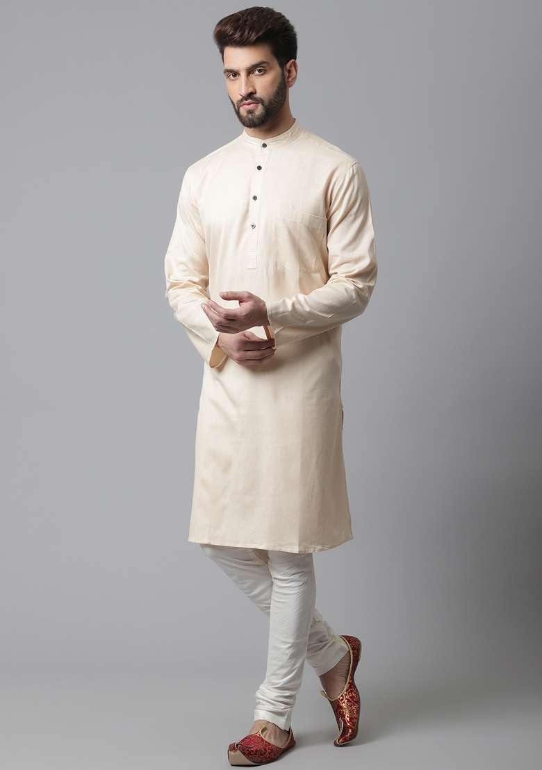 Cream Plain Linen Kurta For Men - Indya