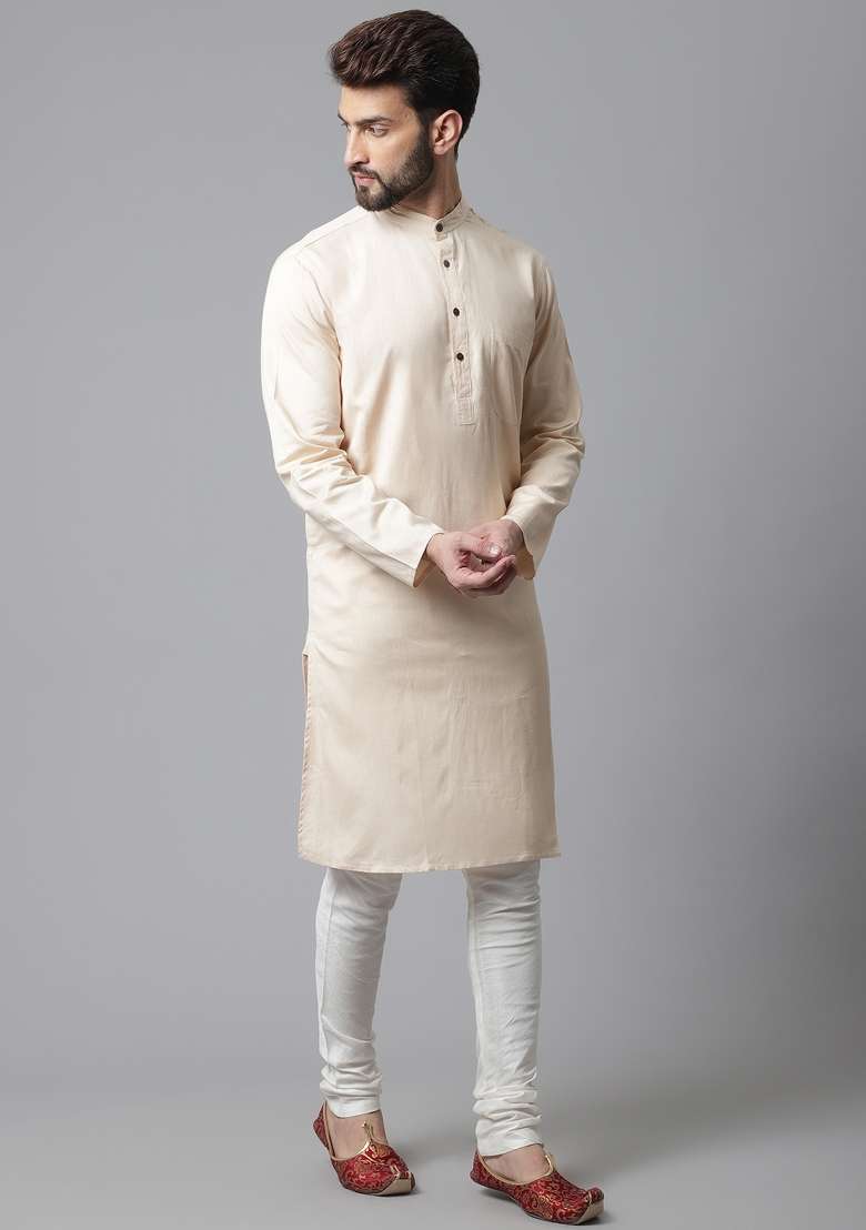 Cream Plain Linen Kurta For Men - Indya