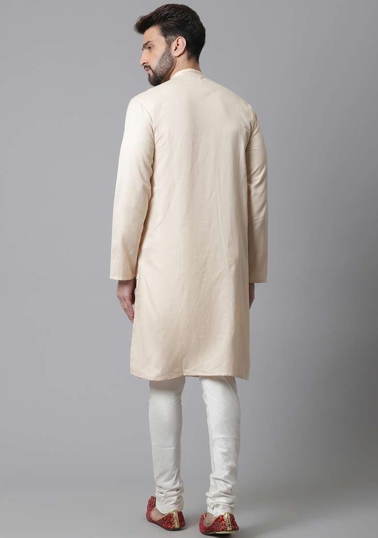 Cream Plain Linen Kurta For Men - Indya