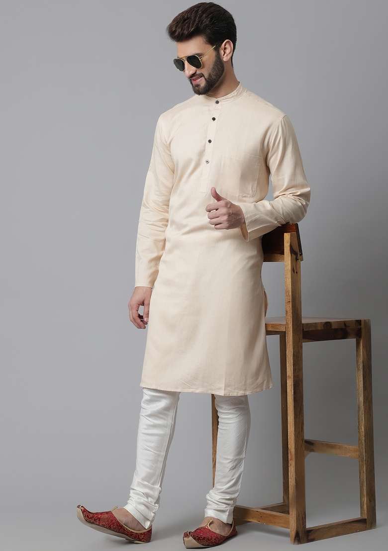 Cream Plain Linen Kurta For Men - Indya