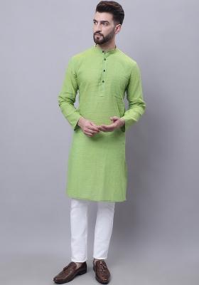 Green Plain Pure Cotton Kurta For Men