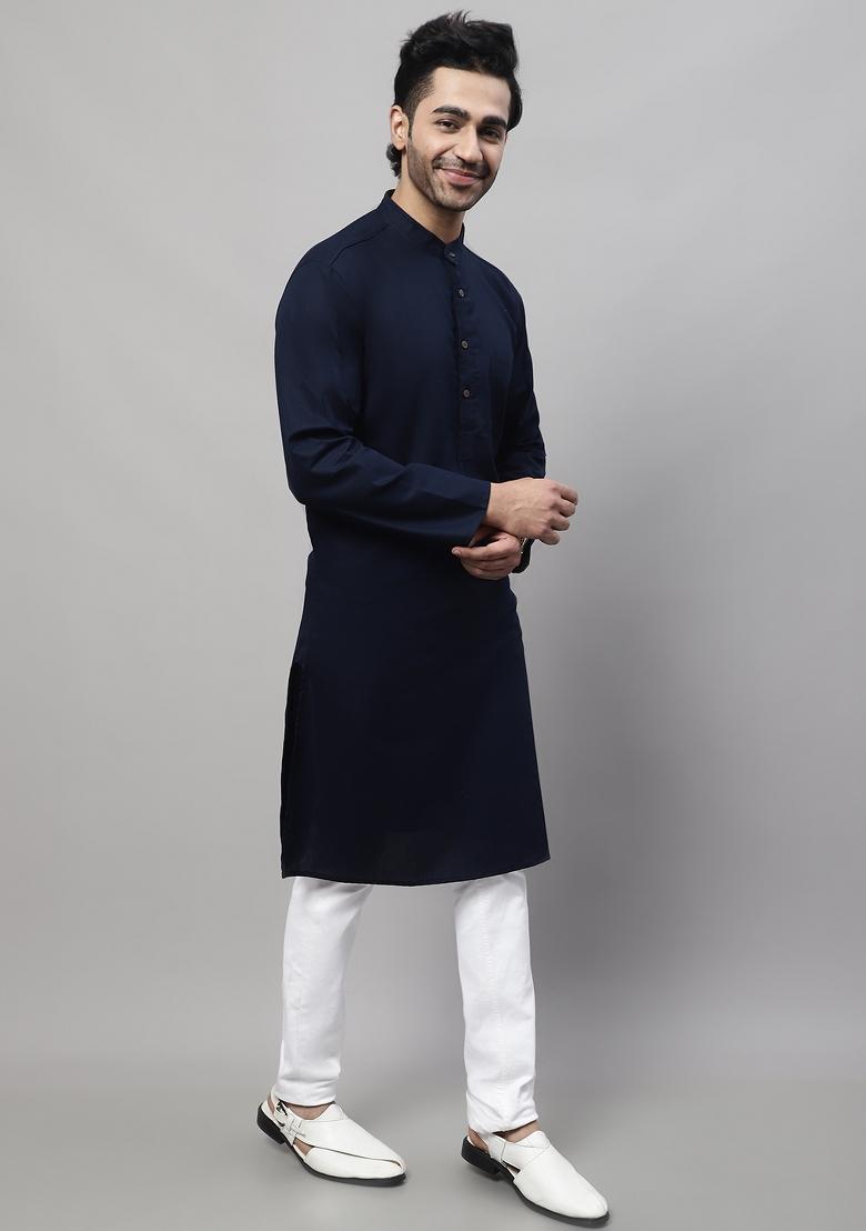 Blue Plain Pure Cotton Kurta For Men - Indya