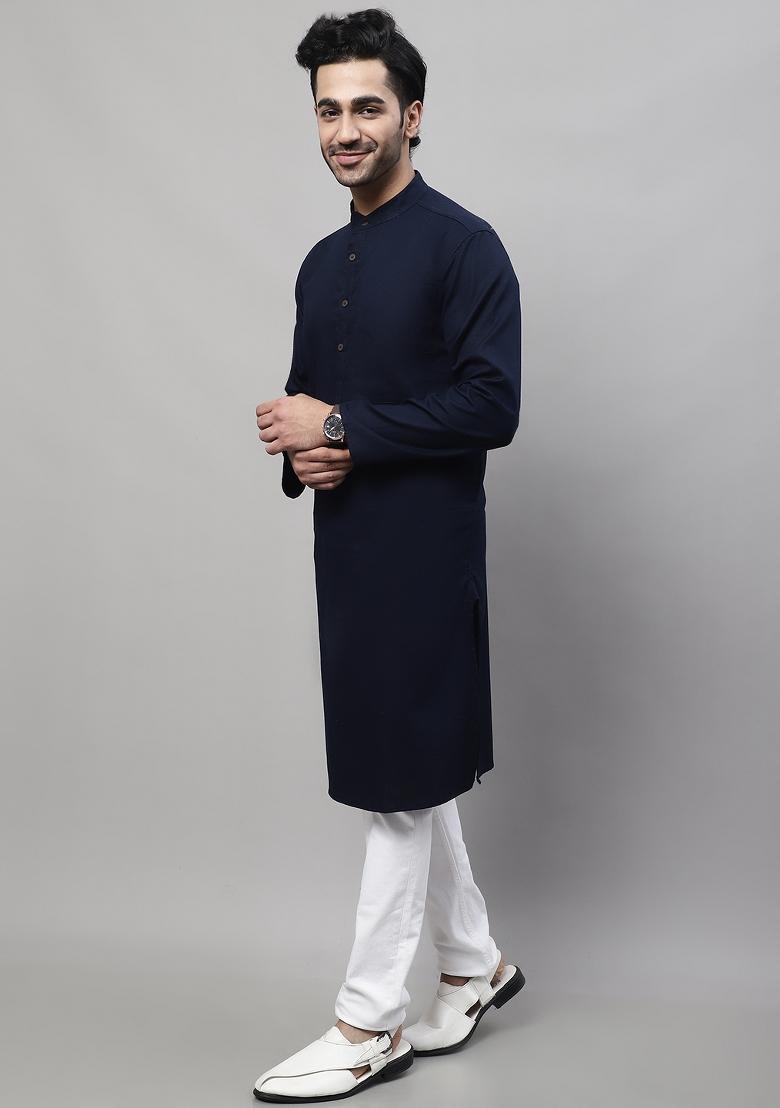 Blue Plain Pure Cotton Kurta For Men - Indya