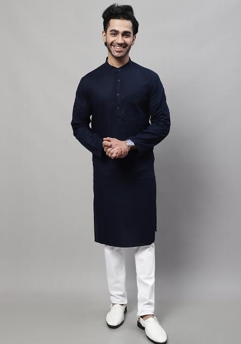 Blue Plain Pure Cotton Kurta For Men