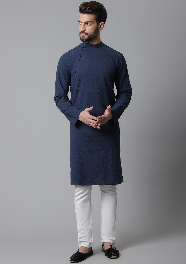 Blue Plain Pure Cotton Kurta For Men