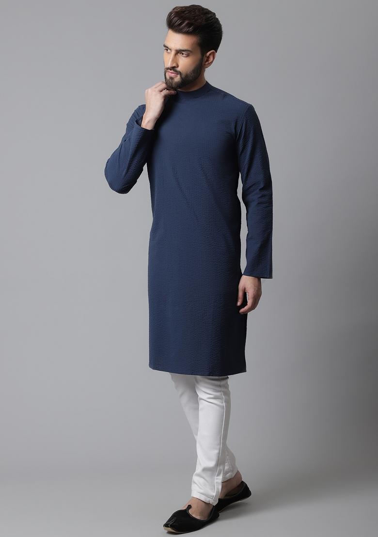 Blue Plain Pure Cotton Kurta For Men