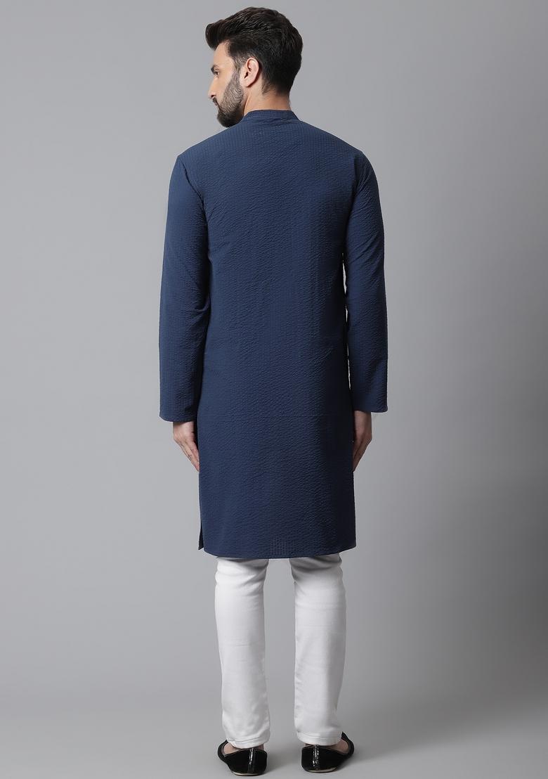 Blue Plain Pure Cotton Kurta For Men