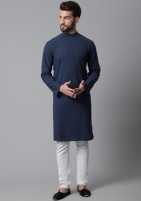 Blue Plain Pure Cotton Kurta For Men