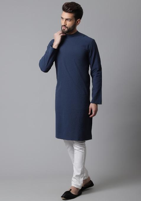 Blue Plain Pure Cotton Kurta For Men