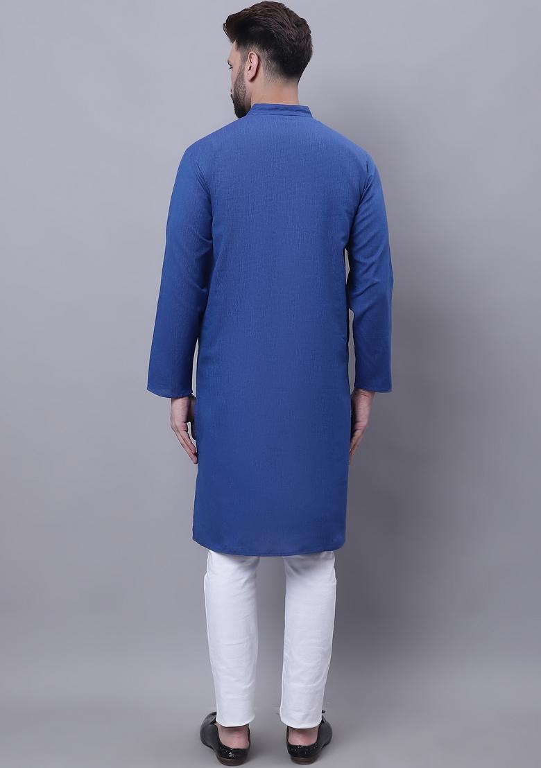 Blue Plain Pure Cotton Kurta For Men