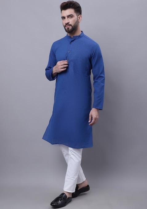 Blue Plain Pure Cotton Kurta For Men