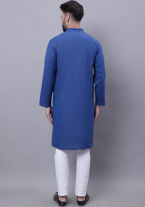 Blue Plain Pure Cotton Kurta For Men