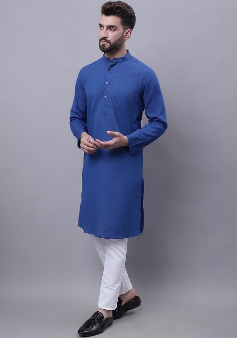 Blue Plain Pure Cotton Kurta For Men