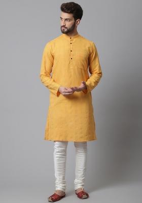 Yellow Plain Cotton Silk Kurta For Men