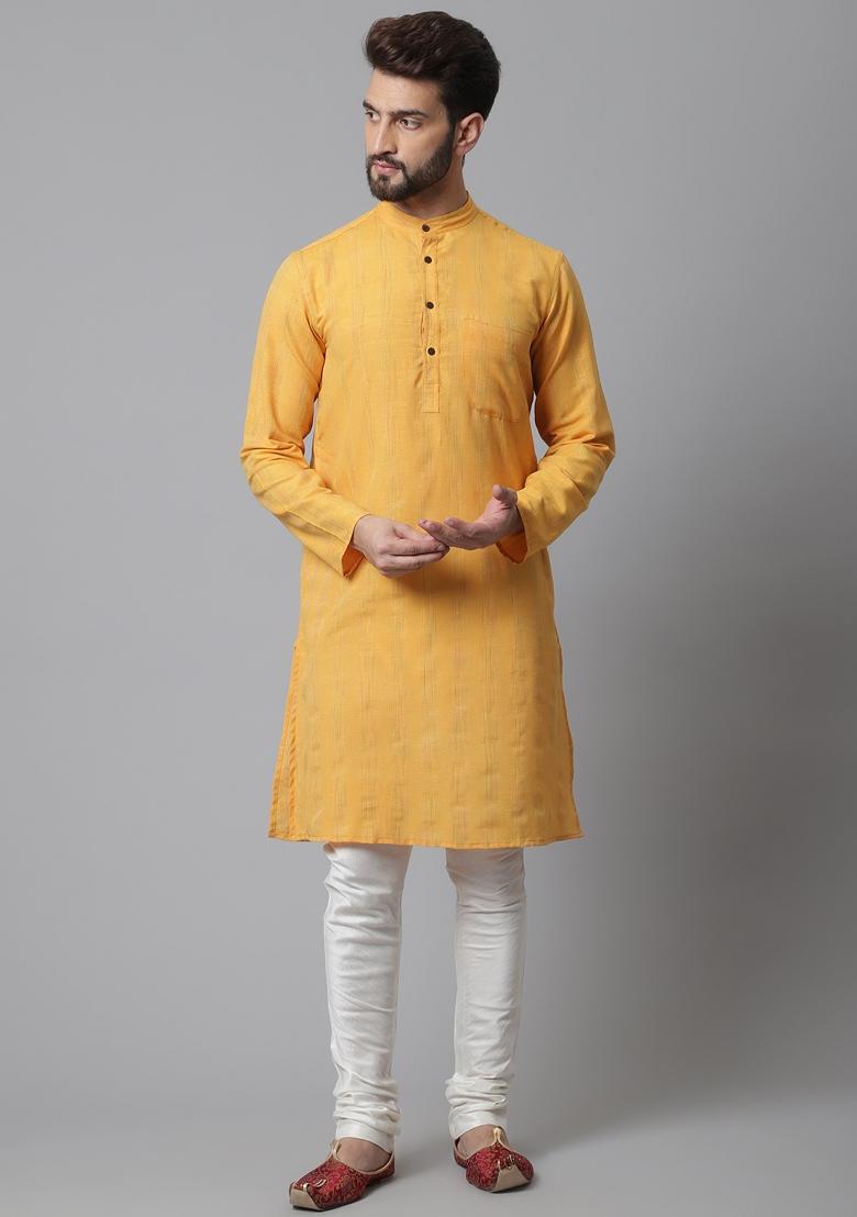 Yellow Plain Cotton Silk Kurta For Men