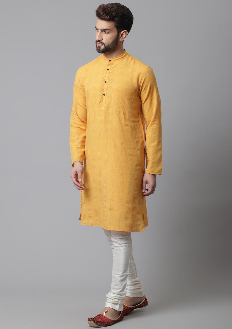 Yellow Plain Cotton Silk Kurta For Men