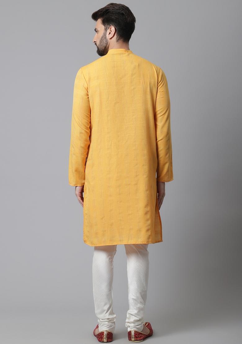 Yellow Plain Cotton Silk Kurta For Men