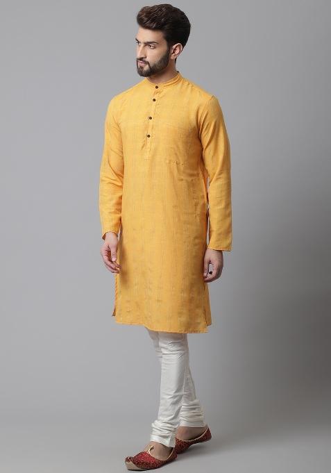Yellow Plain Cotton Silk Kurta For Men