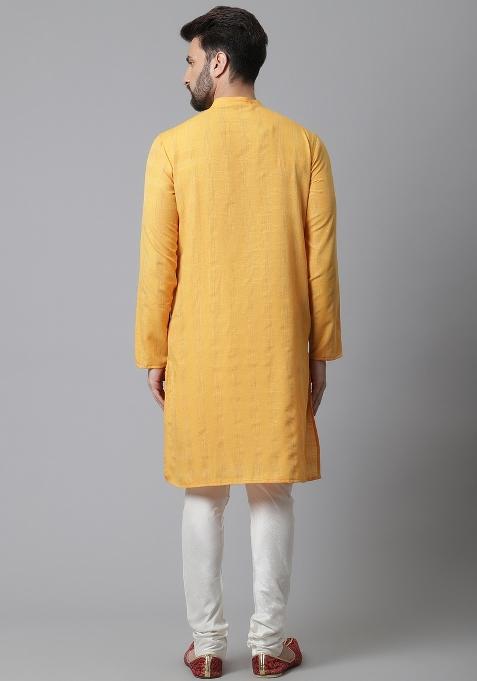 Yellow Plain Cotton Silk Kurta For Men