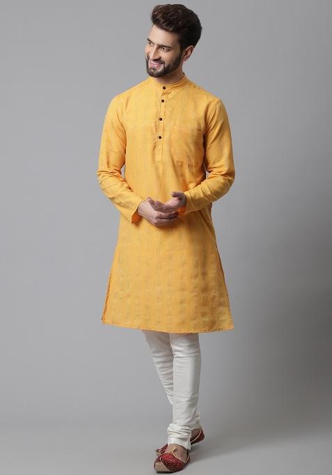 Yellow Plain Cotton Silk Kurta For Men