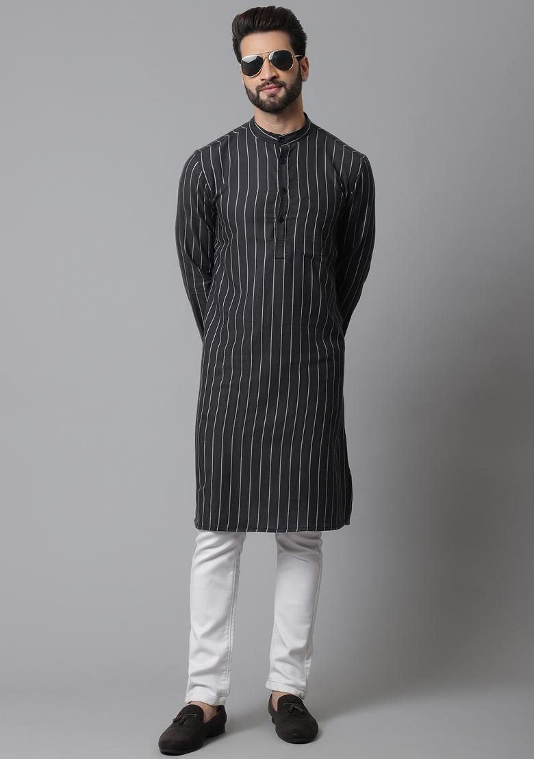 Black Plain Pure Cotton Kurta For Men