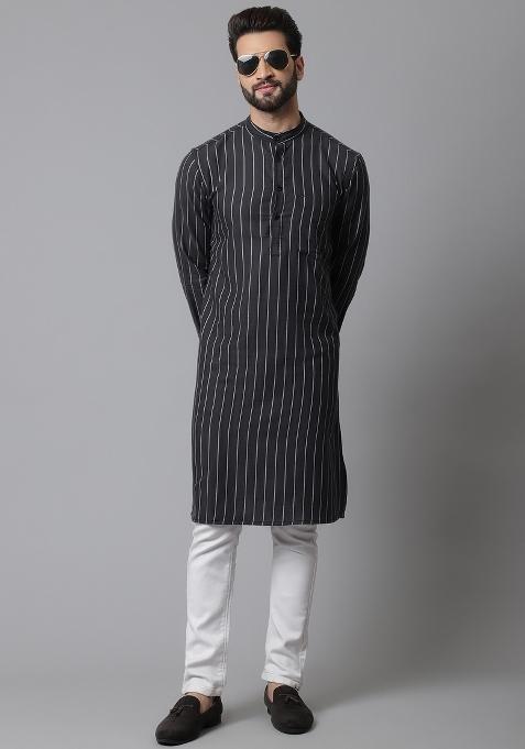 Black Plain Pure Cotton Kurta For Men