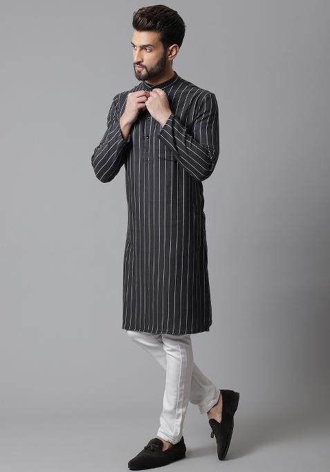 Black Plain Pure Cotton Kurta For Men