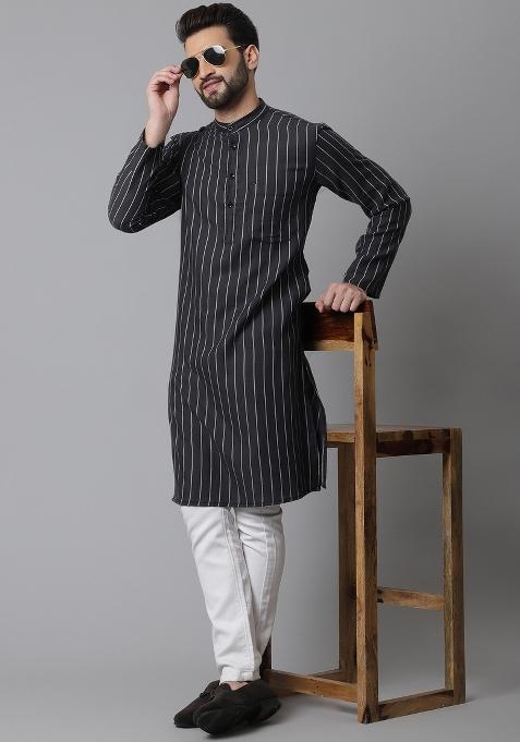 Black Plain Pure Cotton Kurta For Men