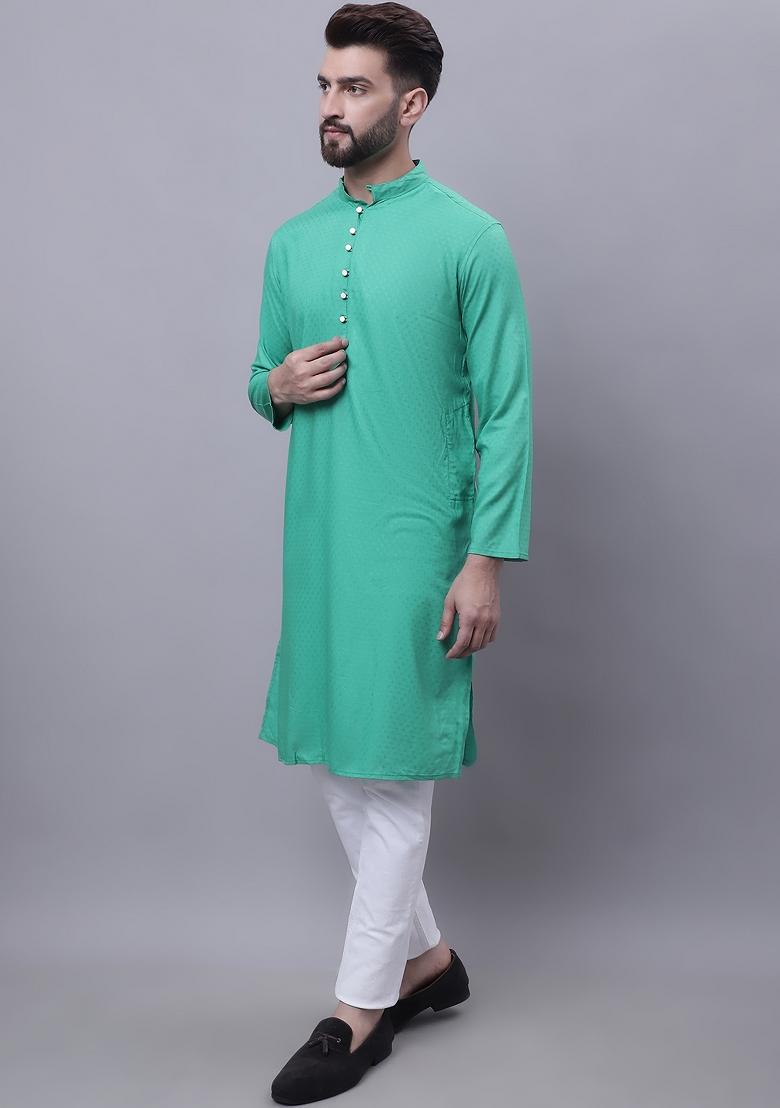 Green Plain Viscose Rayon Kurta For Men - Indya