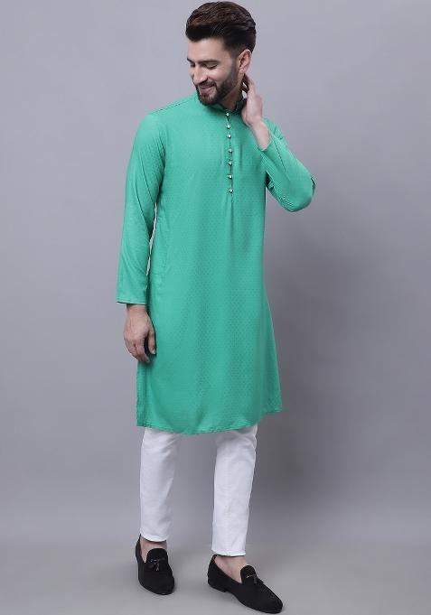 Green Plain Viscose Rayon Kurta For Men