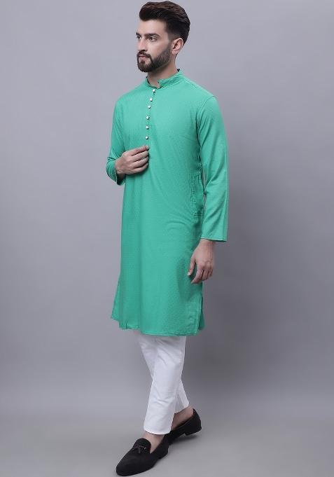 Green Plain Viscose Rayon Kurta For Men