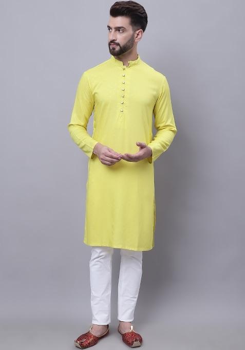 Yellow Plain Pure Cotton Kurta For Men