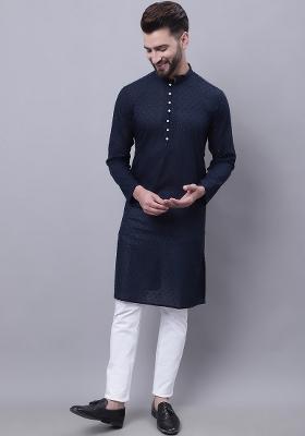 Blue Plain Pure Cotton Kurta For Men