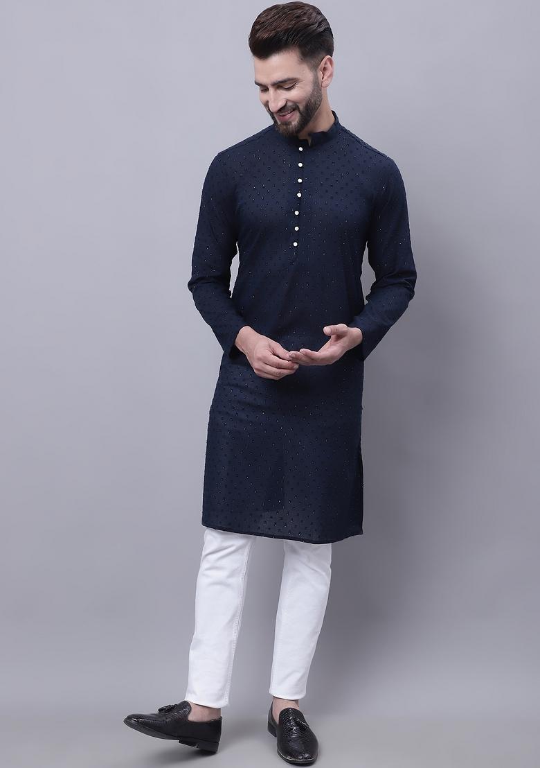 Blue Plain Pure Cotton Kurta For Men